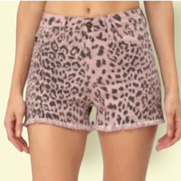 KanCan Pants - KANCAN | Ellie Blush Pink Leopard Denim Shorts Fray Hem Women’s Size Large